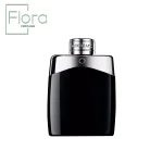 تصویر یک بطری عطر مونت بلنک لجند (Mont Blanc Legend) را نشان میدهد. بطری به رنگ مشکی براق طراحی شده و قسمت بالایی آن با درب فلزی نقرهای رنگ تکمیل شده است که نام برند “MONTBLANC” روی آن حک شده است. لوگوی ستارهای مونت بلنک در مرکز بالای بطری قرار دارد. در گوشه سمت چپ بالای تصویر، لوگوی “Flora-PERFUME” با رنگ سبز روشن دیده میشود.