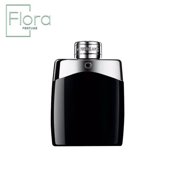تصویر یک بطری عطر مونت بلنک لجند (Mont Blanc Legend) را نشان می‌دهد. بطری به رنگ مشکی براق طراحی شده و قسمت بالایی آن با درب فلزی نقره‌ای رنگ تکمیل شده است که نام برند “MONTBLANC” روی آن حک شده است. لوگوی ستاره‌ای مونت بلنک در مرکز بالای بطری قرار دارد. در گوشه سمت چپ بالای تصویر، لوگوی “Flora-PERFUME” با رنگ سبز روشن دیده می‌شود.