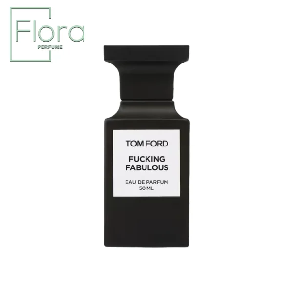 یک بطری عطر مشکی و مات با طراحی شیک و مینیمال، برچسب سفید با نام عطر “Tom Ford Fucking Fabulous” در وسط قرار دارد. لوگوی “Flora Perfume” در گوشه سمت چپ بالای تصویر قابل مشاهده است.