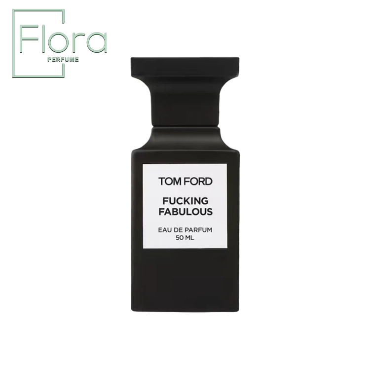 یک بطری عطر مشکی و مات با طراحی شیک و مینیمال، برچسب سفید با نام عطر “Tom Ford Fucking Fabulous” در وسط قرار دارد. لوگوی “Flora Perfume” در گوشه سمت چپ بالای تصویر قابل مشاهده است.