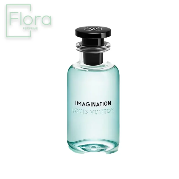 تصویر بطری عطر لوئی ویتون ایمجینیشن با رنگ آبی روشن و درپوش مشکی. نام عطر به صورت واضح بر روی بطری نوشته شده است