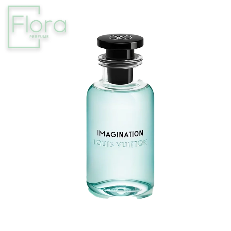 تصویر بطری عطر لوئی ویتون ایمجینیشن با رنگ آبی روشن و درپوش مشکی. نام عطر به صورت واضح بر روی بطری نوشته شده است